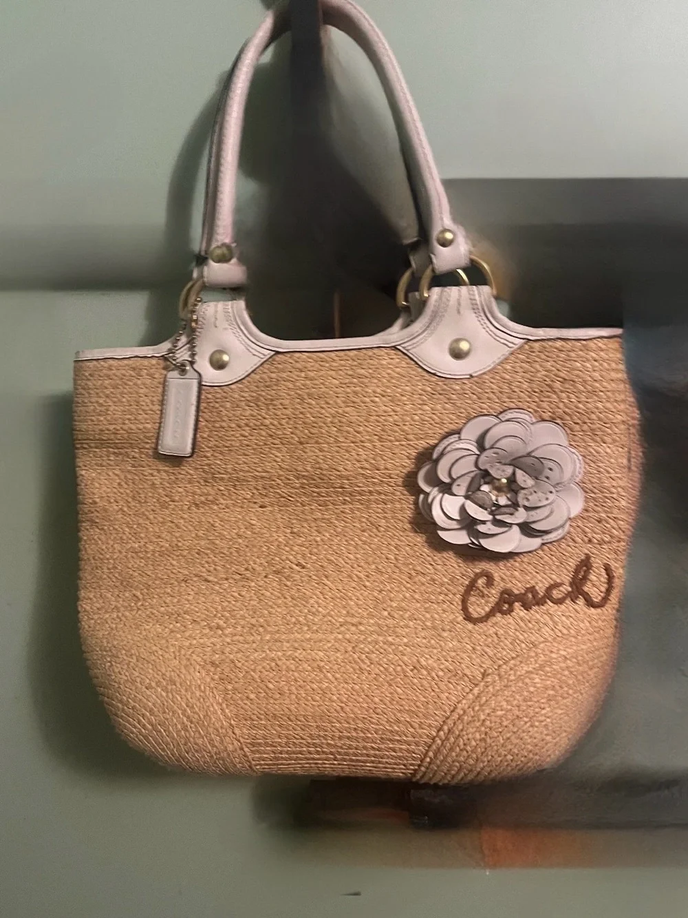 Coach Straw Tote with White Trim and Floral Applique